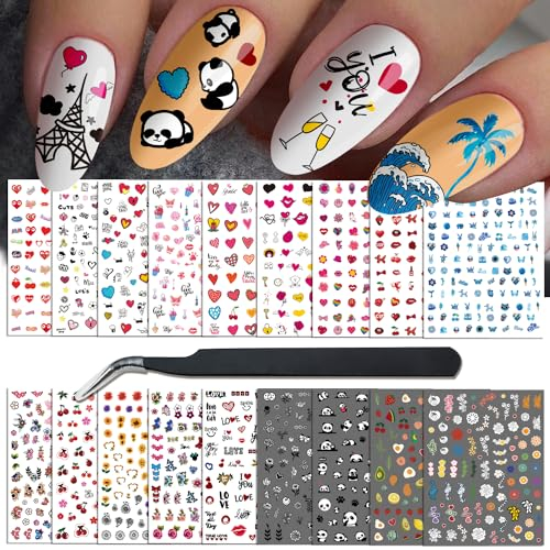 ATYDKUG 18 Feuilles Stickers Ongles Automne Halloween Nail Art, Autocollant Pour Ongle Décoration, Auto-Adhésifs Nail Sticker Mignon Dessin Animé Coloré Fleurs 3D Nail Decals for Girls Women