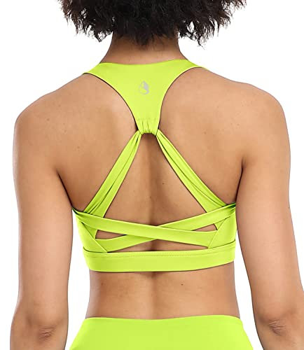 icyzone Damen Yoga Sport-BH mit Gepolstert Fitness Bustier Workout Running Bra (L, Neon Yellow)