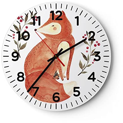 Modern Wanduhr Nov Illustration Fuchs 30x30cm Rund Klein Wand Uhr Glas Analog Zimmeruhren Küche Büro Wohnzimmer Glasuhr Wall Clock Dekoration Design Wanddekoration Küchenuhr C4AR30x30-4862