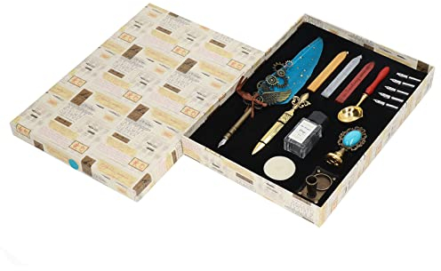HEEPDD Federstift-Set, Vintage-Kalligraphie-Federkiel-Set mit 5 Federn, Stempel, Stifthalter, Brief, Messer, Löffel, leere Tintenflasche für Kalligraphie-Liebhaber blauer See