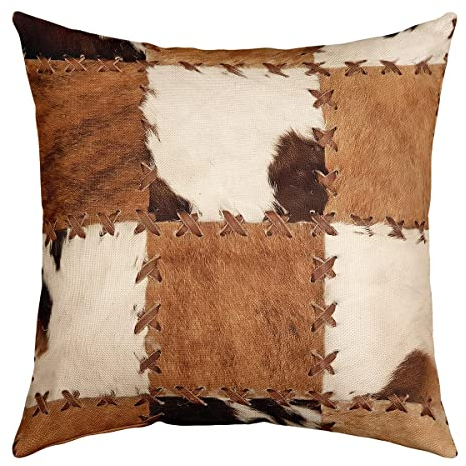 Überwurf Kissenbezug aus Rindsleder 50 x 50 cm Patchwork Kuhfelldruck Kissenbezug Quadratischer Kissenbezug für Zuhause Bett Sofa Nutztiere Kissenbezug Western Cowboy Farmhaus Kissenbezug Braun Weiß
