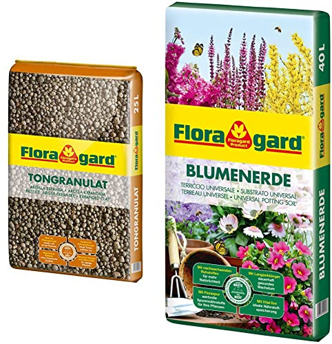 Floragard Blähton Tongranulat zur Drainage 25 L • Hydrokultursubstrat • für Pflanzkästen, Kübel oder Töpfe • Drainagematerial & Blumenerde, 40 Liter
