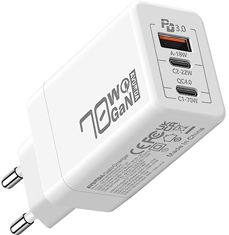 AVUMDA 70W USB C Chargeur Rapide, PD 3.0 GaN avec 3 Ports Adaptateur Type C pour MacBook Pro Air M1 M2 Dell XPS 15 iPhone 15 iPad Pro Air Google Pixel Samsung Galaxy S23 Ultra Plus S22 Steam Deck