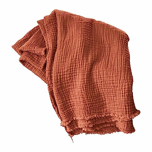 Loberon Plaid Altoona, feines Musselin-Gewebe, warme Farbgebung, leicht & luftig, dekorative Fransen, Wohntextilien, Überwurf, Tagesdecke, Baumwolle, Koralle