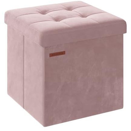 SONGMICS Storage Ottoman, Foldable Small Ottoman Foot Rest, 38 x 38 cm Foot Stool, Ottoman with Storage, Load up to 300 kg, for Living Room, Bedroom, Dorm, Jelly Pink LSF227R51