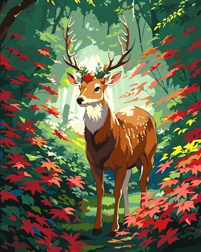 jieyisier Sika Cerf Peinture par Numéros - Toile de Fond Forestier DIY pour Adultes, Animaux à l'huile, Kit Artisanat avec 3 Pinceaux et Pigment Acrylique 40,6 x 50,6 cm