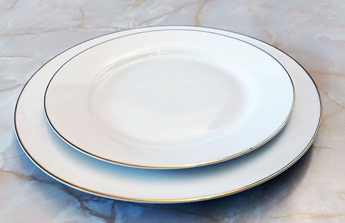 Dinner Plates with Gold Rim Set of 2 White Ceramic (Dinner Plate 25cm/10inch and Desert Plate 20cm/8inch) Classic Style.