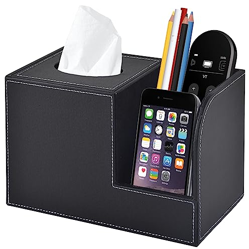 Aufbewahrungsbox aus Leder Taschentüchern Quadratischer Serviettenhalter mit Fernbedienung Aufbewahrungsbox Taschentücher Box Dekor Erhöhte Größen 22,3 x 13,4 x 14,4 cm,Schwarz