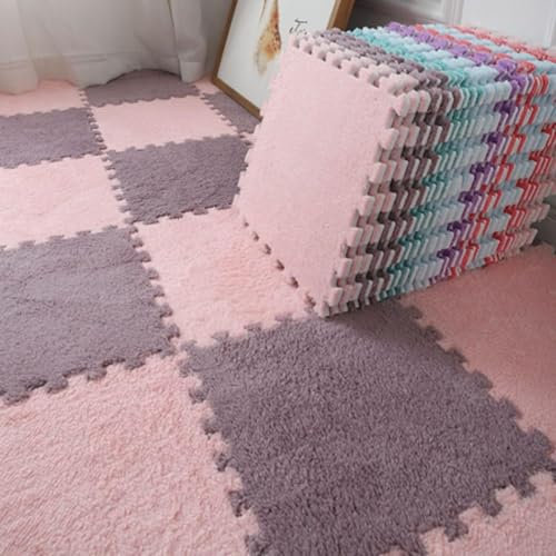 Plush Foam Floor Tiles Mat, Fluffy Crawling Mats Playmats Puzzle Area Rug, Bedroom Non-slip Soft Interlocking Carpet for Home Playroom Decoration (30Pcs,Light Pink and Purple)