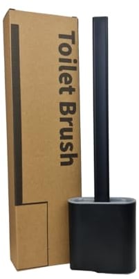 AMOS Silicone Toilet Brush and Holder Set, Quick Drying Bathroom Toilet Brush with Non-Slip Long Plastic Handle, Flexible TPR Bristles, Deep Cleaning, Anti-Drip Base (Black Grey)