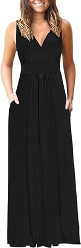 AUSELILY Maxikleid Damen Sommer Ärmellos Kleid Lang Elegant tiefem V-Ausschnitt Abendkleid mit Taschen Schwarz M