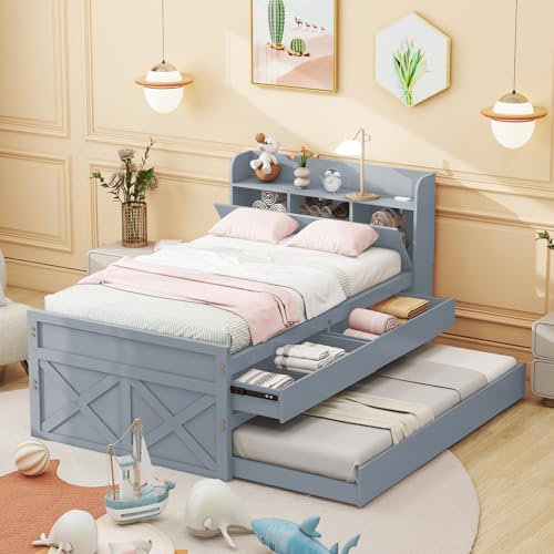 Merax Einzelbett Jugendbett Gästebett aus Massivholz Kiefer 90x190cm mit ausziehbarer Schublade, Lattenrost, Nachttisch und USB-Buchse - Grau (Ohne Matratze)