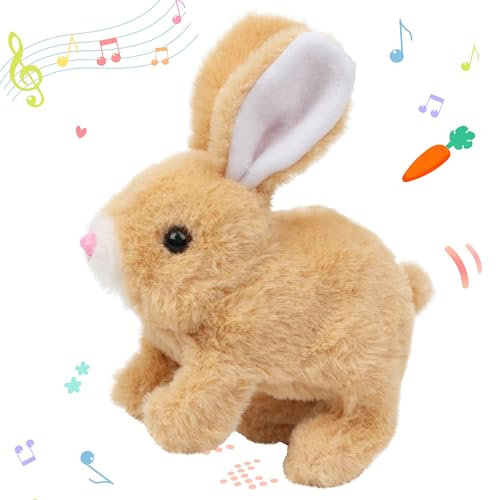 Hopearl Hüpfendes Kaninchen Interaktives elektronisches Haustier Plüsch Hasen Spielzeug mit Geräuschen und Bewegungen animiertes Gehen Wackelohren zuckende Nase Geschenk für Kleinkinder, Braun,18cm