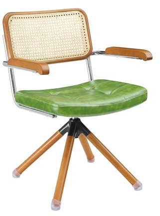 Mid Century Modern Swivel Chair No Wheels, Faux Leather Upholstered Office Chair With Wood Legs - Rattan Desk Chair For Home Office Living Room Bedroom