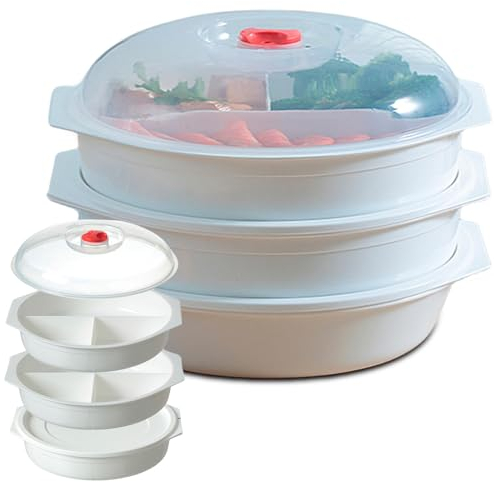 Sporgo 3 Stück Mikrowellen Teller mit Deckel: Mikrowellengeschirr 3 Fächern Mealprepboxen mikrowellengeeignet mit Belüftung, Mikrowellenteller Frischhaltedosen BPA-Frei zum Erhitzen, Einfrieren (A)