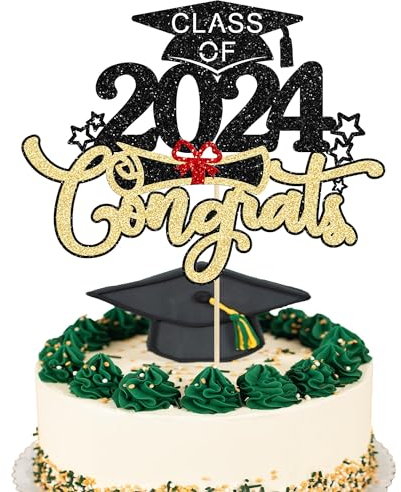 Graduation Cake Topper Abschluss Tortendeko 2024 Kuchen Deko Glitzer Cake Decoration für Graduation Party, Abschlussfeier, Schulabschluss (Gold)