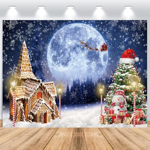 ASDCXZ Weihnachten Foto Hintergrund 2.2x1.5m, Traum Nachtschnee Mond Weihnachtsbaum Schneemann Fotowand Hintergrund, Vinyl Familienfeier Party Wand Ornamente Kinder Fotografie Hintergrund Banner