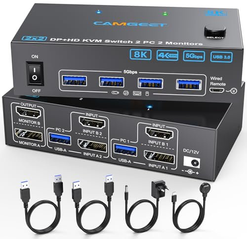 Displayport HDMI KVM Switch 2 PC 2 Monitore 4K@144Hz, Camgeet USB3.0 Dual Monitor KVM Switches für 2 computer teilen sich 2 monitore und 4 USB3.0 Geräte. Mit Desktop Controller, DC12V Adapter