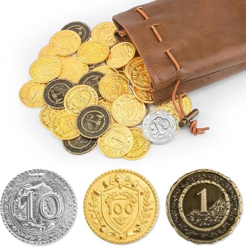 Byhoo 100PCS Metall DND Münzen, 1.2 Gold Silber Kupfer Token mit Gesichtswert für Brettspiel und Tabletop RPG, Fantasy Metall Münzen für Piraten Spiel Party Cosplay