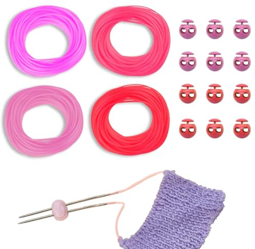 GeryVtee Kordelstopper-Set Strickmaschenhalter Friseurschnur Maschenmarkierer Strickmaschenhalter 12 Stück Silikon-Maschenhalter & 4 Rollen runde Friseurschnüre für Strickprojekte (Rosa Stil)