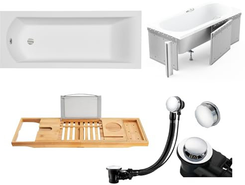 BADLAND Premium Set 5in1 Badewanne Rechteck Acryl Weiß Wanne SHEA 180x80 cm, Made in EU + Verkleidung (Styropor) + Bambus Badewannenablage, Moderne Design, mit Ablaufgarnitur und Füßen