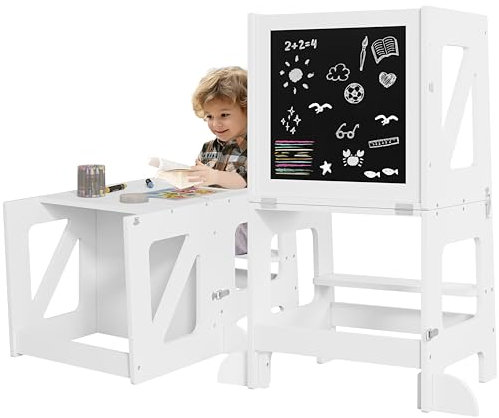 WOLTU Lernturm Kinder Montessori, Learning Tower mit Tafel, 3 in 1 Tritthocker Kindertreppe Lernstuhl, klappbar, ab 1 Jahr, für Küche Waschbecken
