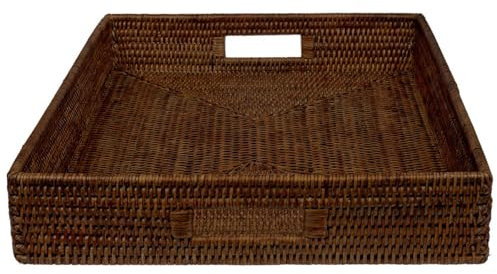 Bandeja de ratán rectangular, bandeja grande de ratán natural con asas y borde alto, bandeja decorativa (50 x 40 x 8 cm) (Dark Moca)
