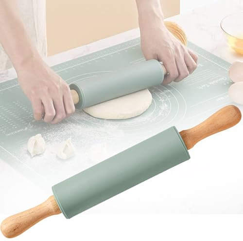 38cm Silicone Rolling Pin with Non-Stick Surface Coating & Beech Handle, Kitchen Rolling Pins, Wooden Baking Roller for Dough, Pizza, Pastry, Fondant, Pastries, Cookie, Playdough, Blue
