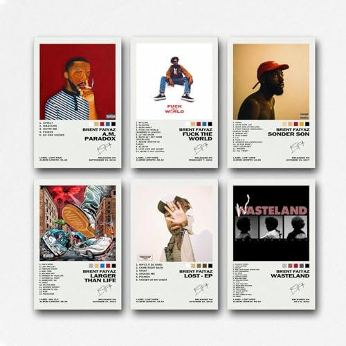 Qiunuans - 6er Set Brent-Poster, Faiyaz, Musik-Vintage-Albumcover, Wandkunst, Leinwandposter, Raumdekor, 20 x 30 cm, Lost - Ep Larger Than Life