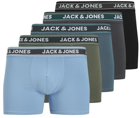 JACK & JONES Herren Unterhosen Shorts Boxershorts Trunks 5er Pack, Farbe:Mehrfarbig, Wäschegröße:2XL, Artikel:-Black/Asphalt/oceanview/Agave Green/Chambray Blue