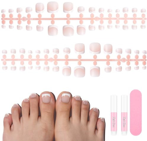 TOMICCA French False Toenails Set, 150 Pcs Nude Pink Short False Toe nails with Nail Glue and Strip, 12 Sizes Full Cover Artificial Feet Nail Tips for Women Nail Art