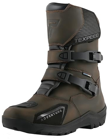 Texpeed Stivali in Pelle Uomo Da Moto - Vintage Pirates 100% Scarpe Da Moto Da Turismo Impermeabili Con Taglio Corto Approvate CE - Marrone - EU 43 | EN 13634 Calzature Rinforzate Moto, Vera Pelle di Vacchetta, Adventure Touring Biker Style, Protettivi Puntali