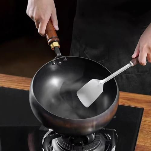 Pentola con fondo piatto non rivestito, martellato a mano, per friggere alimenti per bambini, diversi stili culinari, padella in ferro battuto, per cucina (pentola da 28 cm)