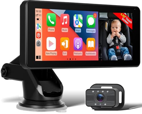Moniteur Caméra Bébé Voiture avec Écran IPS de 6,86 Pouces, CarPlay sans Fil & Android Auto, Caméra Bébé Siège Arrière 1080P avec Vision Nocturne, AirPlay, Bluetooth, Audio FM/AUX