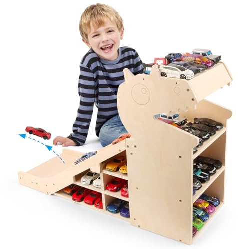 Vitrine für Hot Wheels Garage & Matchbox Autos, 1/64 Maßstab Druckguss Spielzeugauto Garage Rennbahn Spielset mit Sprüngen, Aufbewahrungskoffer für Hot Wheels, Parkwagen