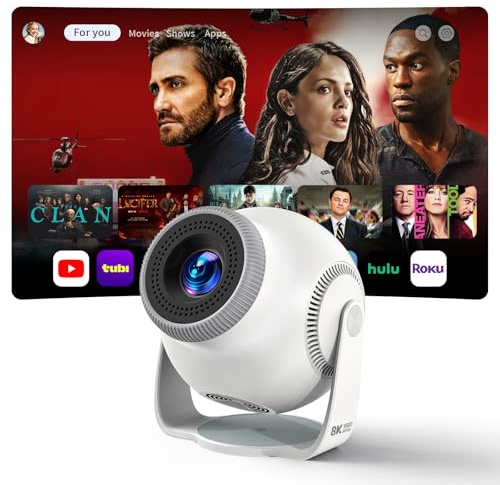 Mini proiettore intelligente con sistema operativo Android 14, decodifica video 1080P/4K/8K, WiFi 6 e Bluetooth 5.4, supporto girevole a 270°, Keystone verticale automatico, proiettore portatile per