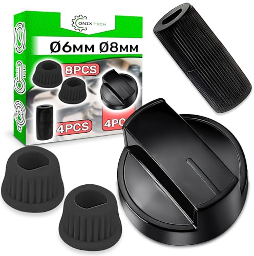 Set 4 Drehknöpfen für Gasherde und Adapter - Farbe Schwarz | für Verdeckte und Hohe Achsen Ø6 mm und Ø8 mm - Garantie 5 Jahre - ONIX TECH