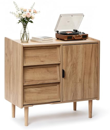Hometopia Sideboard Holz mit 3 Schubladen & Tür, Kommode mit Verstellbarem Einlegeboden, Anrichte für Wohnzimmer und Flur, 80 × 39 × 74 cm