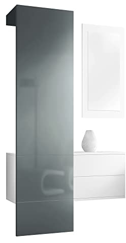 Vladon Garderobe Carlton Set 2, Made in Germany, Garderobenset bestehend aus 1 Garderobenpaneel, 1 Schubkastenschrank und 1 Wandspiegel, Weiß matt/Grau Hochglanz (105 x 193 x 35 cm)