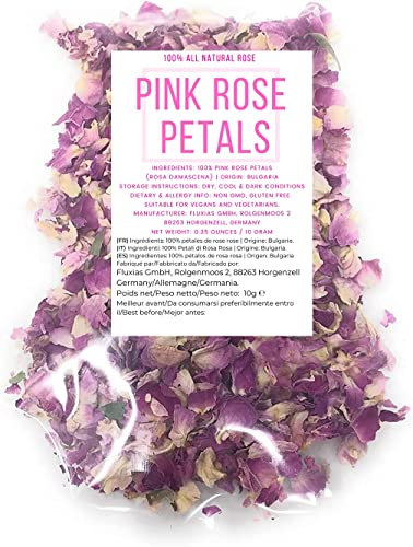 Pétales de rose roses, purs et comestibles - Poids net : 10 g - Beaux pétales de rose roses séchés pour le thé et la décoration
