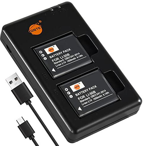 DSTE 2PCS LI-50B (1650mAh/3.7V) Battery + Dual USB Charger Compatible for Olympus Stylus 1030, 9000, 9010, SP-800UZ, SZ-10, SZ-11, SZ-12, SZ-15, SZ-20