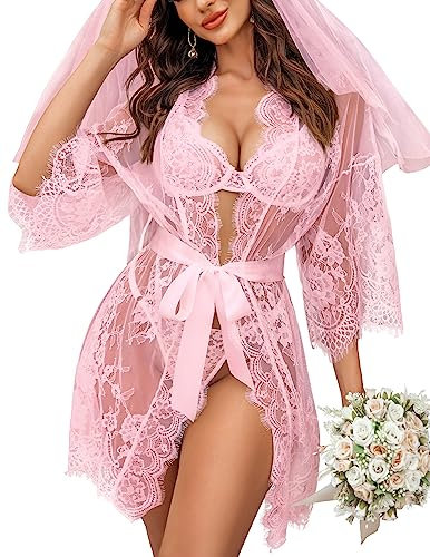 Avidlove Damen Spitze Kimono Robe Babydoll Lingerie Mesh Nachthemd S-4XL, rose, Klein