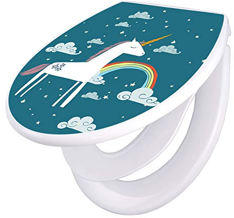banjado Familien WC Sitz mit Absenkautomatik 44,5x37cm / Klodeckel/Klobrille mit Kindersitz aus hochwertigem Polypropylen/Toilettensitz Kindersitz integriert Motiv Einhorn