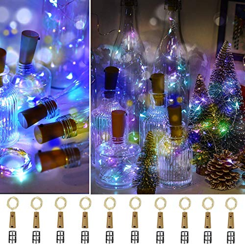 Ooklee Bottle Lights, 10 Pack with 30 Spare Battery Operated, 2m 20 LED Cork Light for Wine Bottles, Rainbow Pink Copper Wire Fairy String Lighting for Table Party Wedding Jar Xmas Decor(Multi Colour)