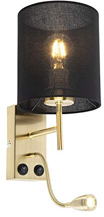 Qazqa - Art Deco Art Deco Wandlampe Gold I Messing mit schwarzem Baumwollschirm - Stacca I Wohnzimmer I Schlafzimmer - Stahl Zylinder - I E27