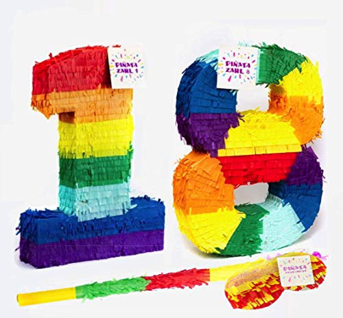 Trendario Pinata Zahl 18 Set - Mehrfarbig - ungefüllt - Ideal zum Befüllen mit Süßigkeiten und Geschenken - Piñata für Geburtstag Spiel, Geschenkidee, Party, Feier, Überraschung Stab Maske