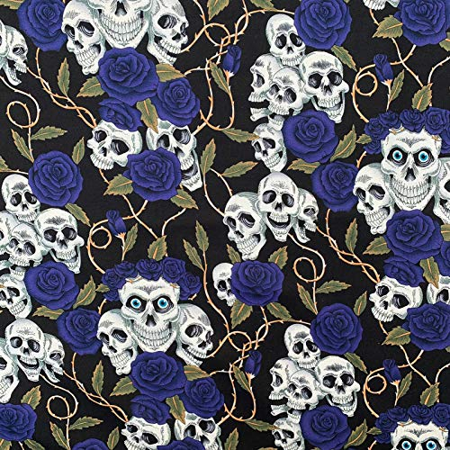 Stoff mit Totenkopf- und Rosen-Design, 100 % Baumwolle, bedruckt, für Halloween, Kostümpartys, 150 cm, Verkauf pro halbem Meter (schwarz/blau)