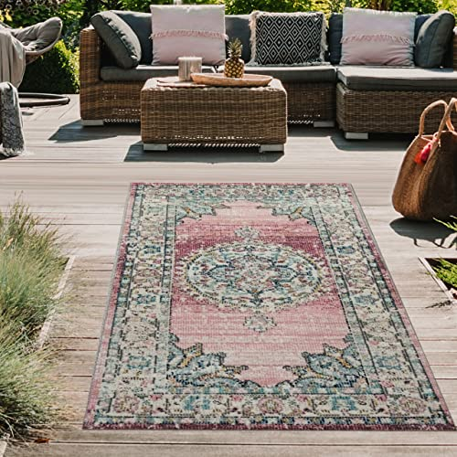 Teppich-Traum orientalischer Vintage LÄUFER für In- & Outdoor buntes Blumenmotiv rosa Größe 60x110 cm