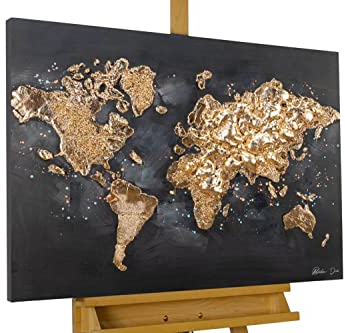 KunstLoft Leinwandbild | 100% HANDGEMALT | 100x75cm | Gemälde 'Reise um die Welt' | Weltkarte | Schwarz | Wandbild Wohnzimmer