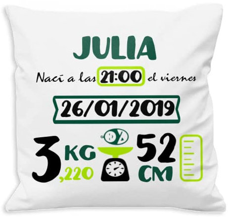NANNUK | Cojín Personalizado para Recién Nacido | con Nombre, Hora, Fecha, Peso y Medida | Almohada Bebe Bebe Personalizado (Verde Botella Y Verde Lima)